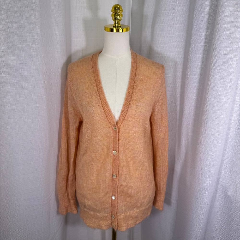 J.Crew Cardigan Sweater Womens Medium Coral Kid Mohair Blend Semi Sheer Knit